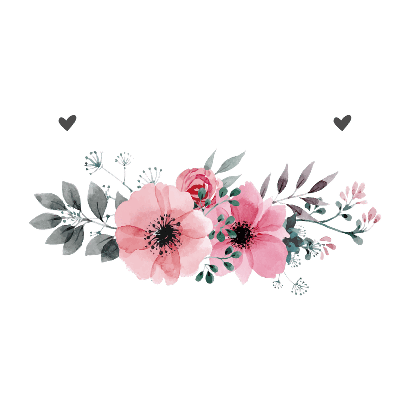 Pink petaled flower illustration features detailed green leaves against a transparent background for layering.