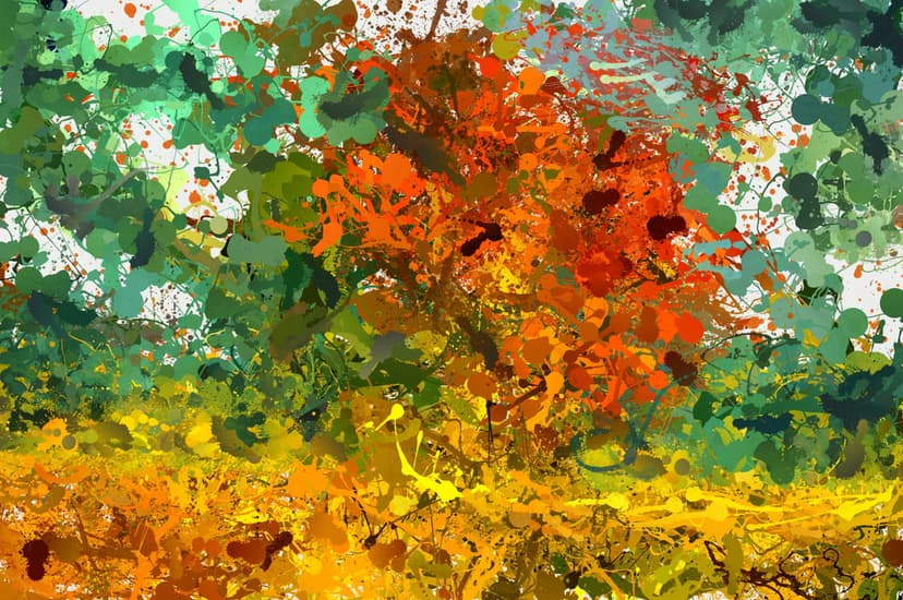 Autumn trees and golden fields emerge through thick splatters of orange, yellow, and green textured pigments.