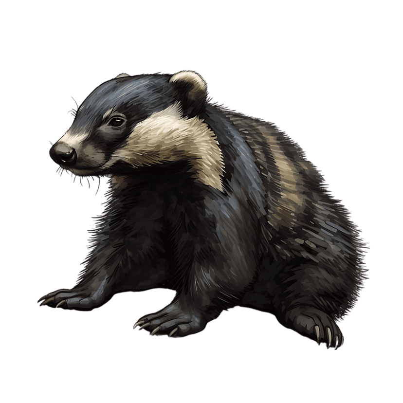 European badger with realistic fur sits in profile against a black background showing white facial stripes.