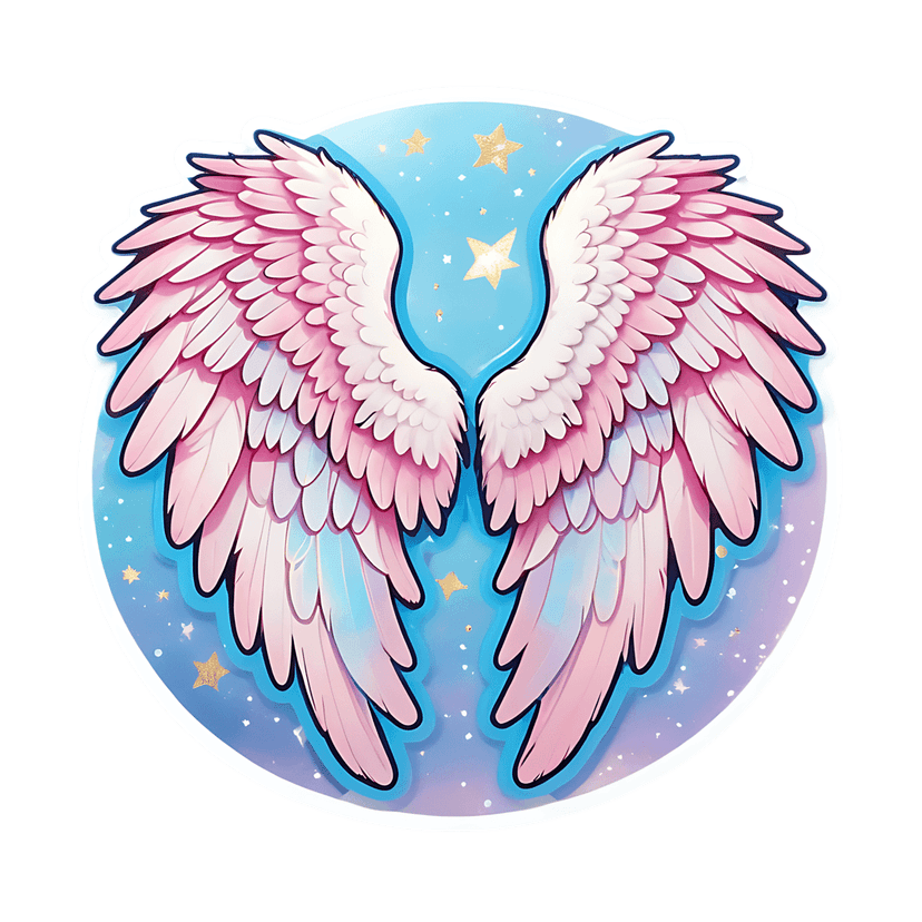 Symmetrical angel wings sticker features pink feathers against a blue gradient circle with gold stars.