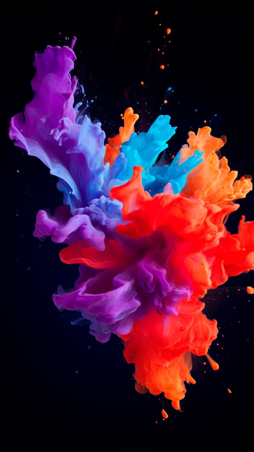 Swirling purple, orange, and red ink clouds exploding against a pitch-black background in fluid motion.