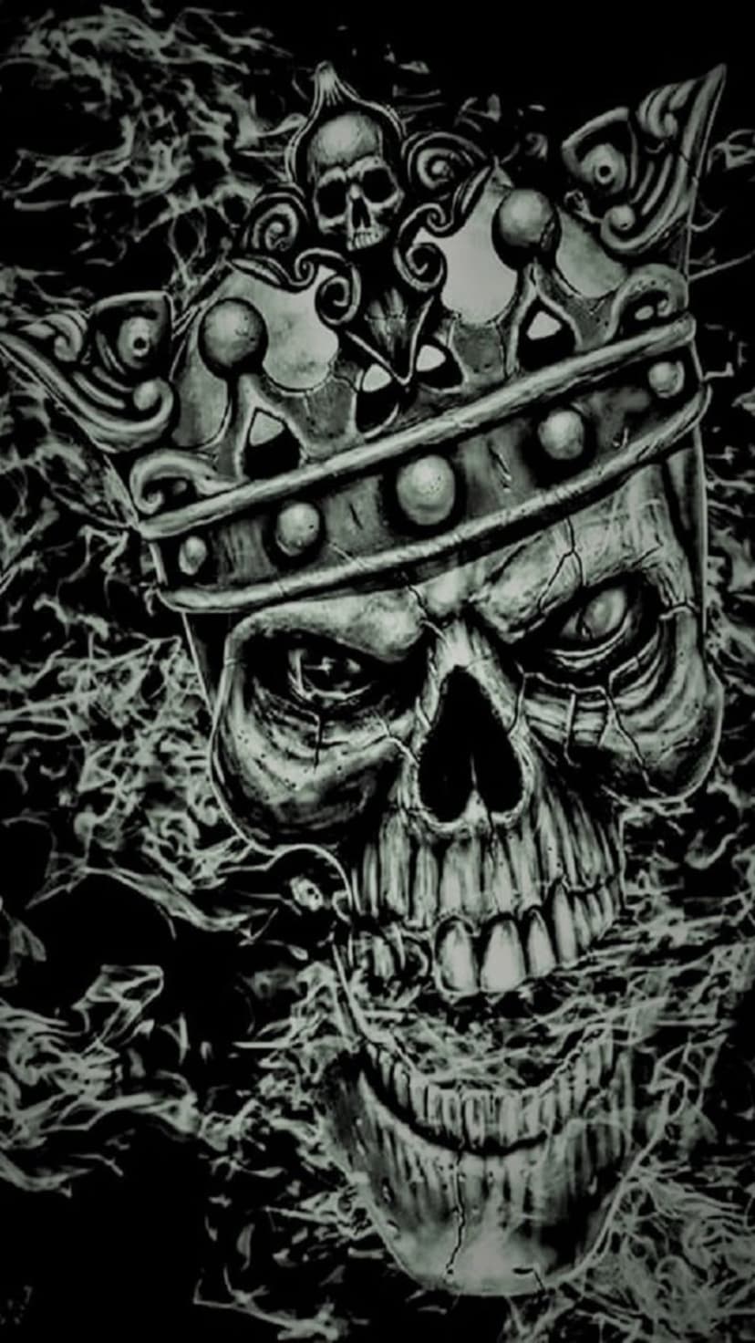 Crowned skull with a gaping mouth and sharp teeth is surrounded by swirling smoke in a dark monochrome scene.