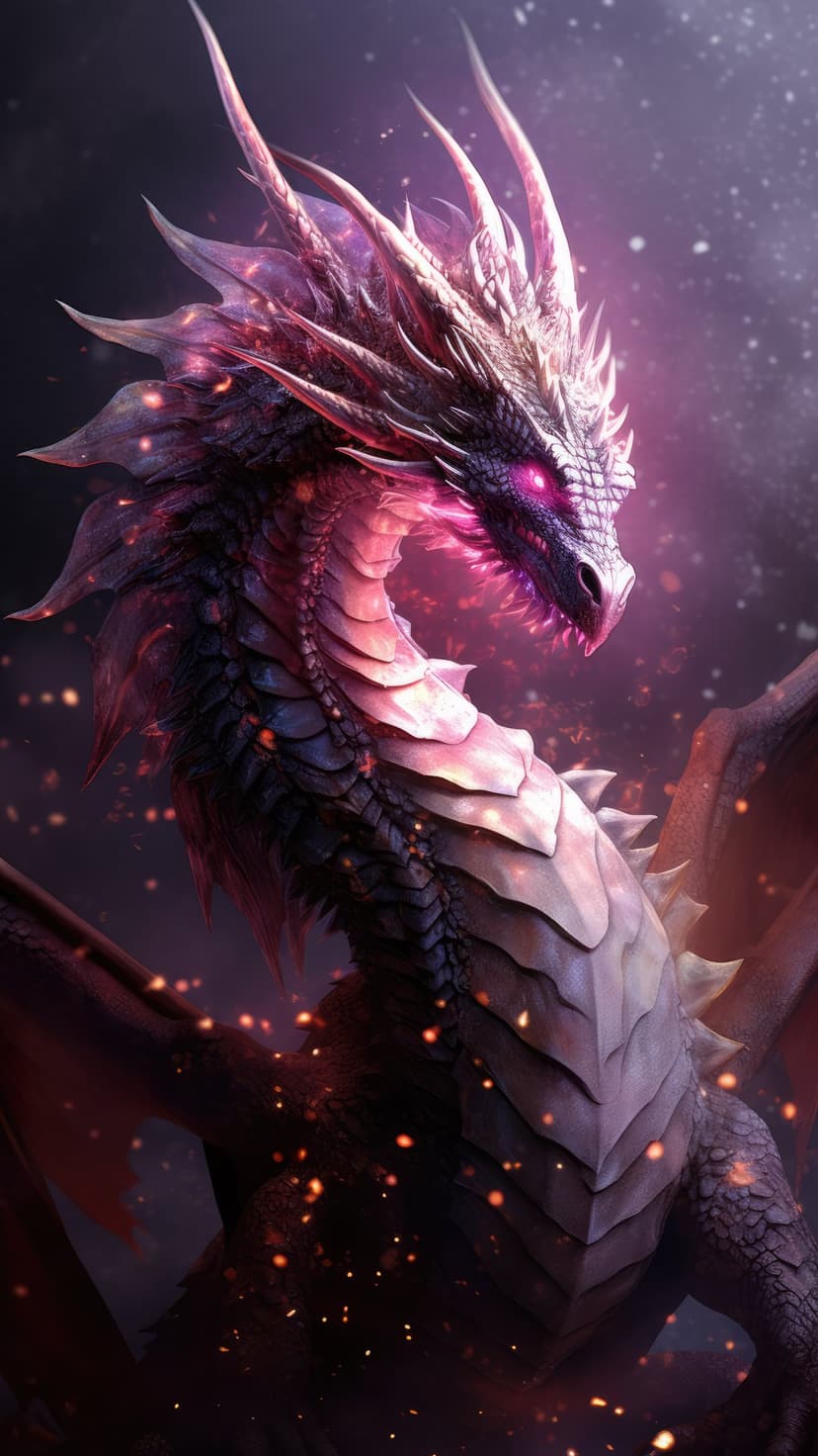 Purple dragon with glowing pink eyes and iridescent scales emerges from dark smoke and swirling magical embers.