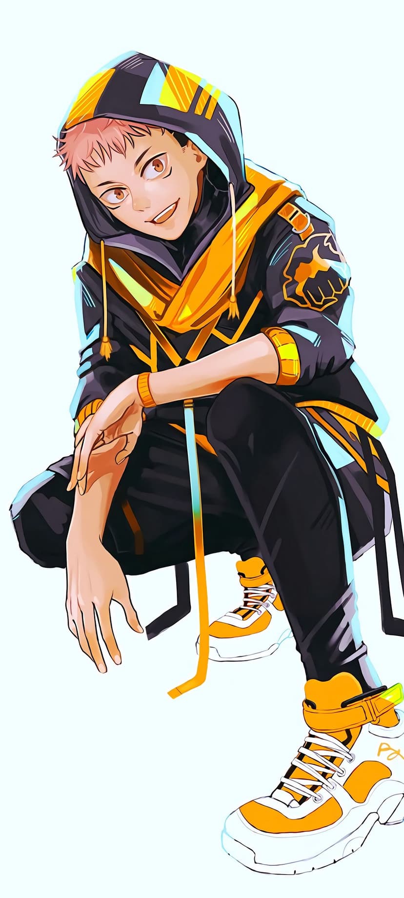 Pink-haired anime boy in a black and yellow hoodie and sneakers crouches confidently against a clean background.