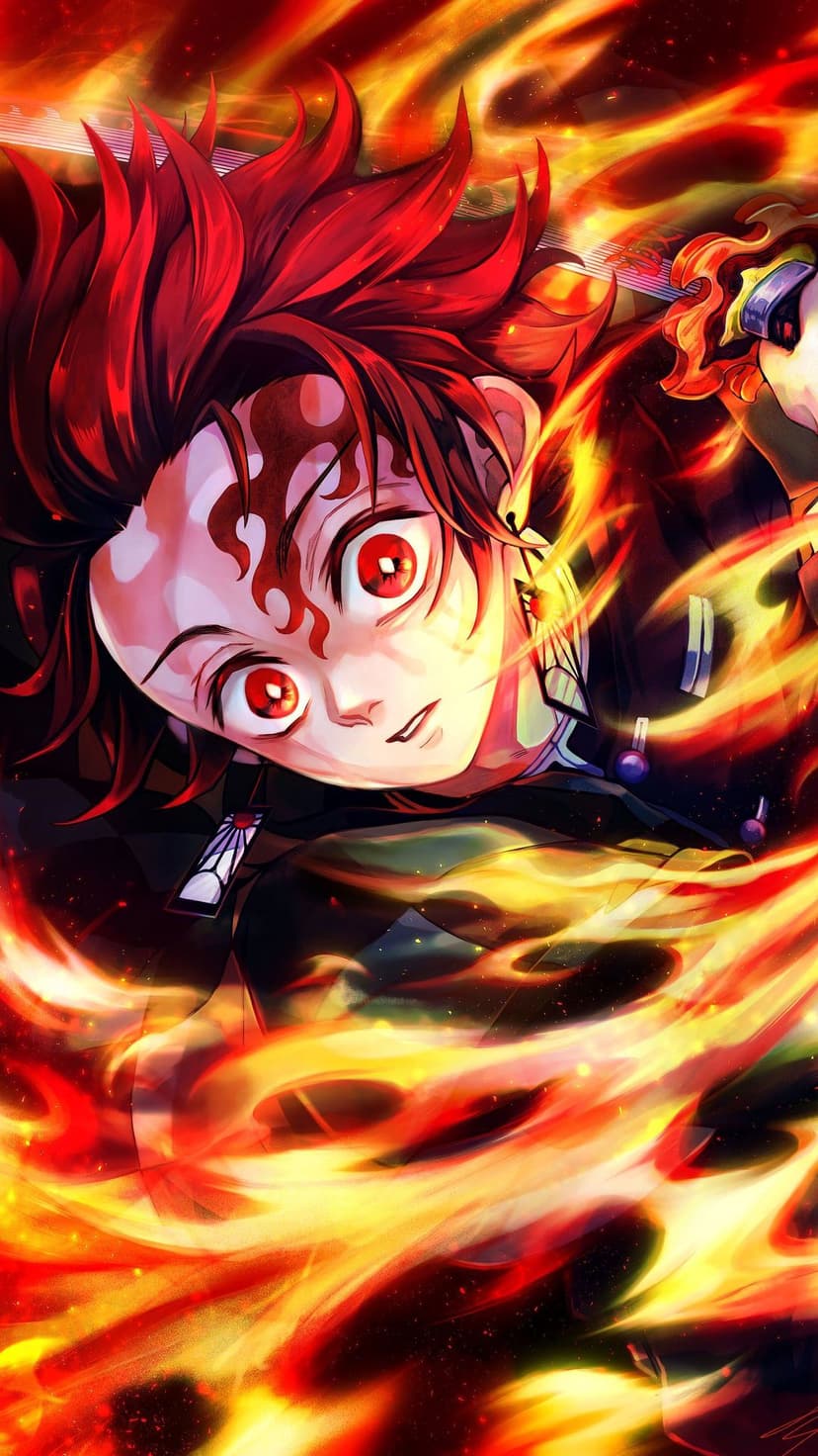 Anime boy with spiky red flame hair and glowing eyes stands surrounded by circular swirling orange fire embers.