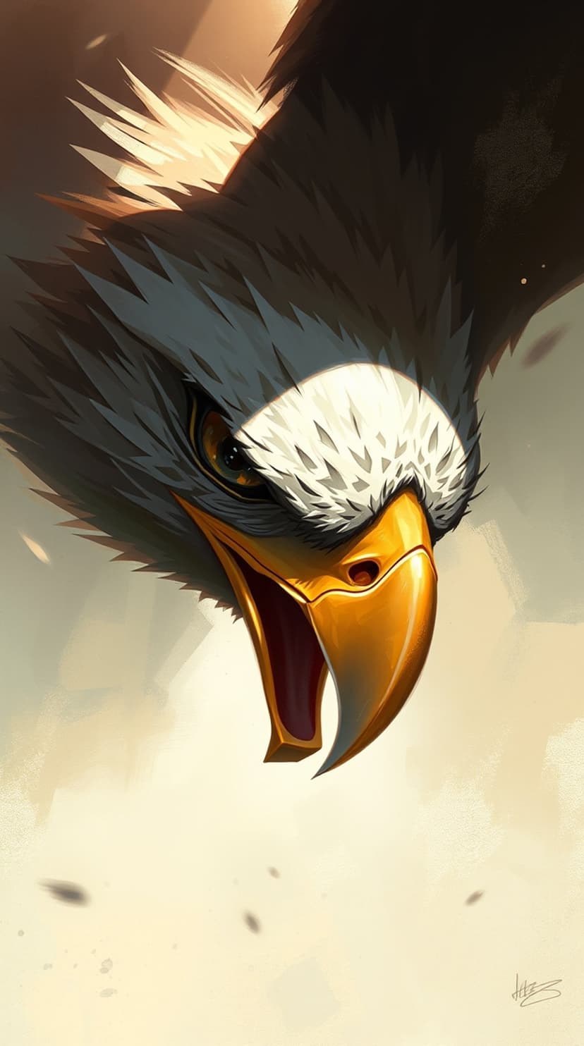 Eagle head with a curved golden beak and intense yellow eye, showcasing detailed brown feathers and dark shadows.