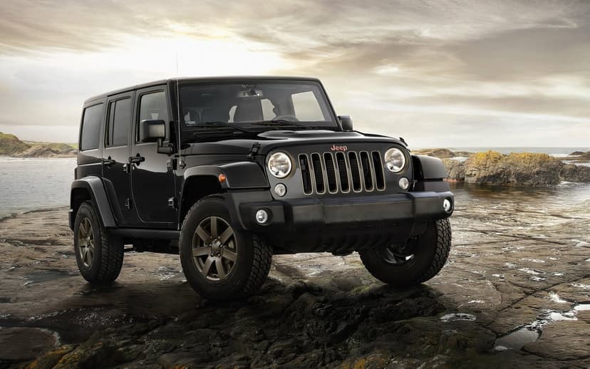Black Jeep Wrangler with bronze accents parked on dark coastal rocks against an overcast ocean horizon.