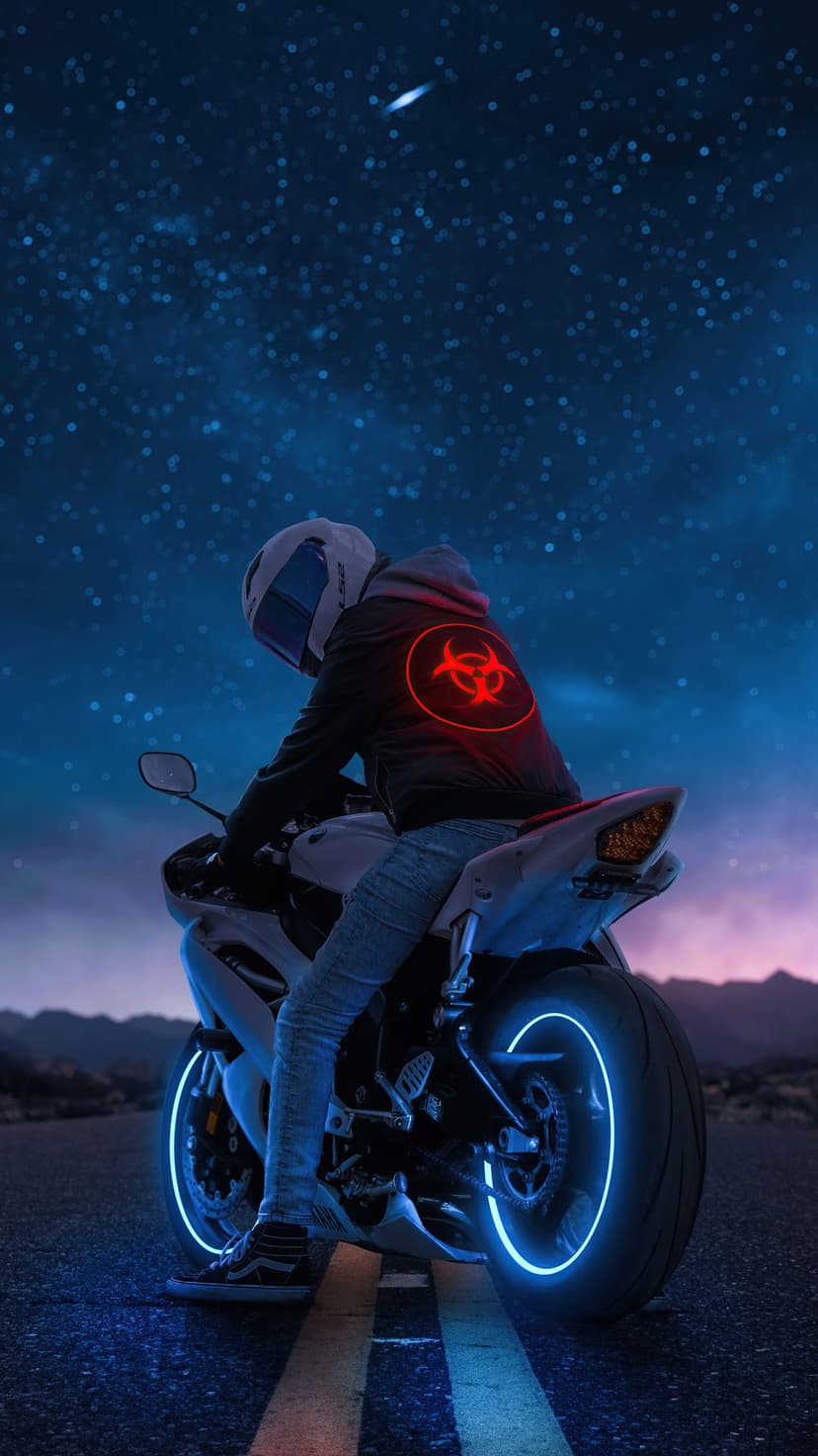 Motorcycle rider with glowing blue wheels and a red biohazard symbol under a purple starry night sky.