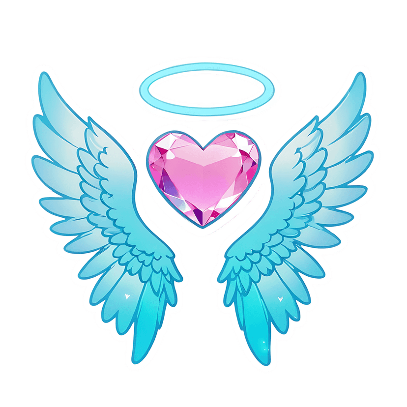 Angel wings heart gem sticker featuring light blue feathers and a faceted pink heart under a glowing cyan halo.