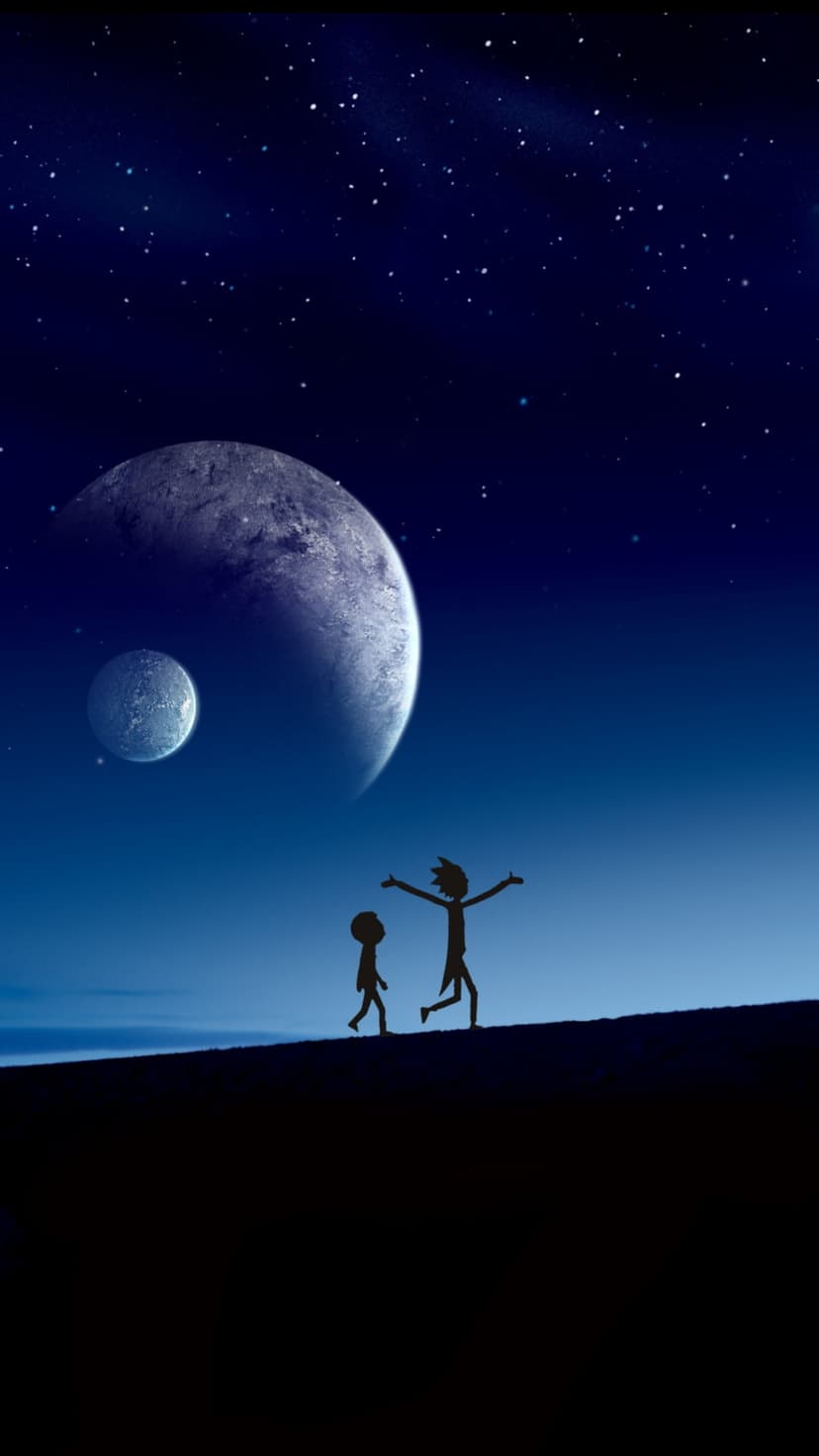 Rick and Morty silhouettes stand on a rocky alien moon under two massive planets and a starry night sky.