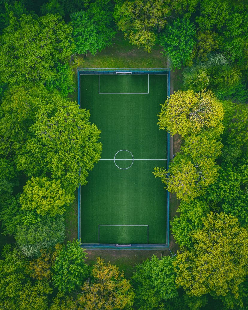Soccer field with white boundary lines surrounded by a dense green forest canopy from a high aerial perspective.