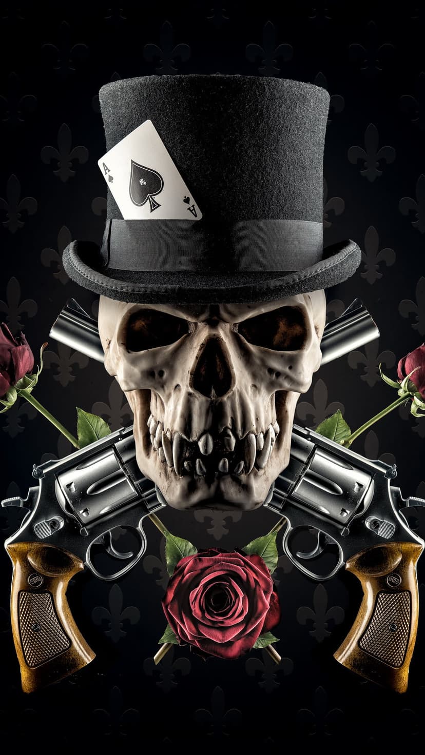 Human skull wearing a top hat with an ace of spades card, positioned over crossed guns and a single red rose.