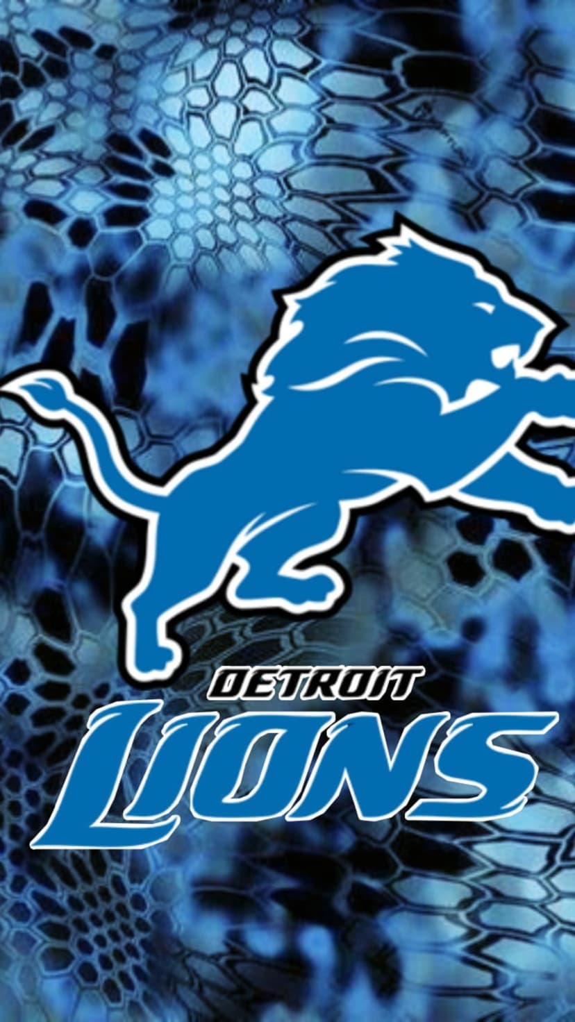 Detroit Lions jumping lion logo positioned over a blue, navy, and black camouflage patterned background.