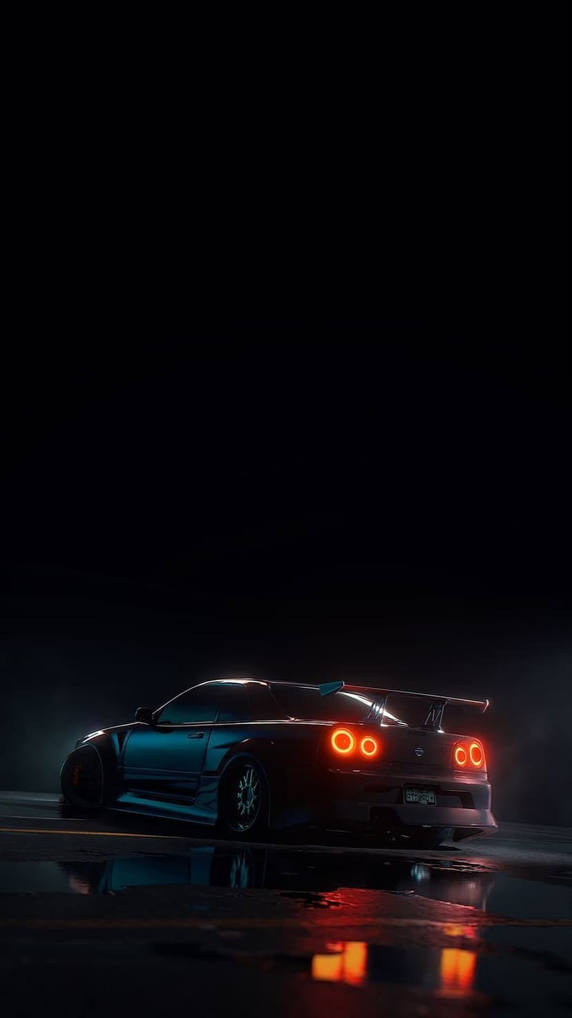 Nissan Skyline R34 circular taillights glow red over reflections on rain-drenched asphalt in a dark night scene.