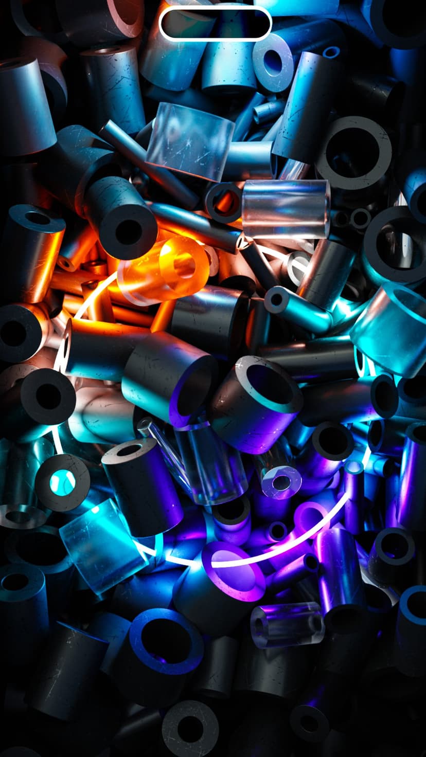 Metallic tubes and cylindrical pipes glow with orange and purple neon lights, creating deep shadows and reflections.