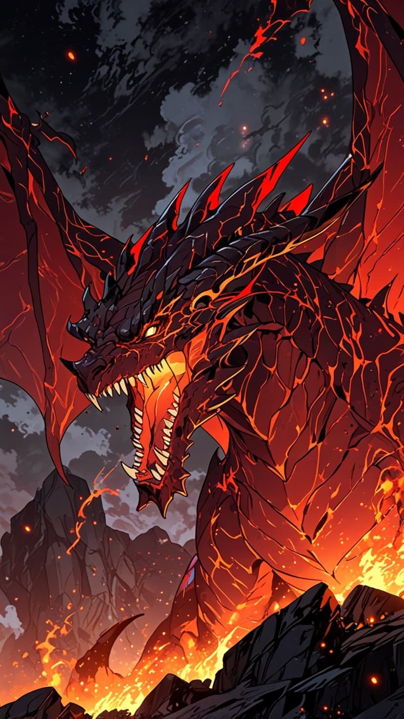 Black dragon with glowing lava scales roars amidst falling embers and jagged volcanic peaks under a dark sky.
