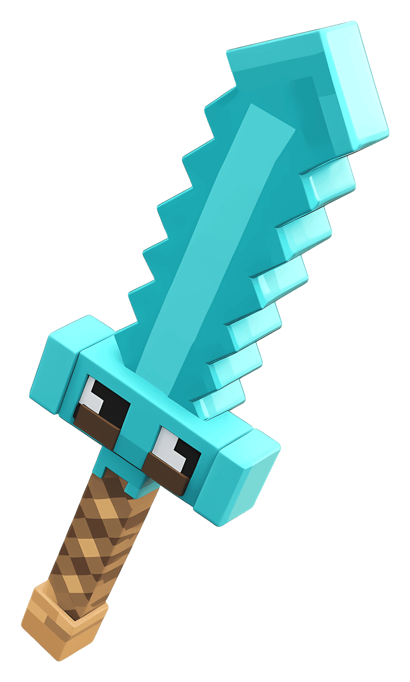 Pixel diamond sword weapon featuring cyan-blue blade and brown hilt angled against a transparent background.