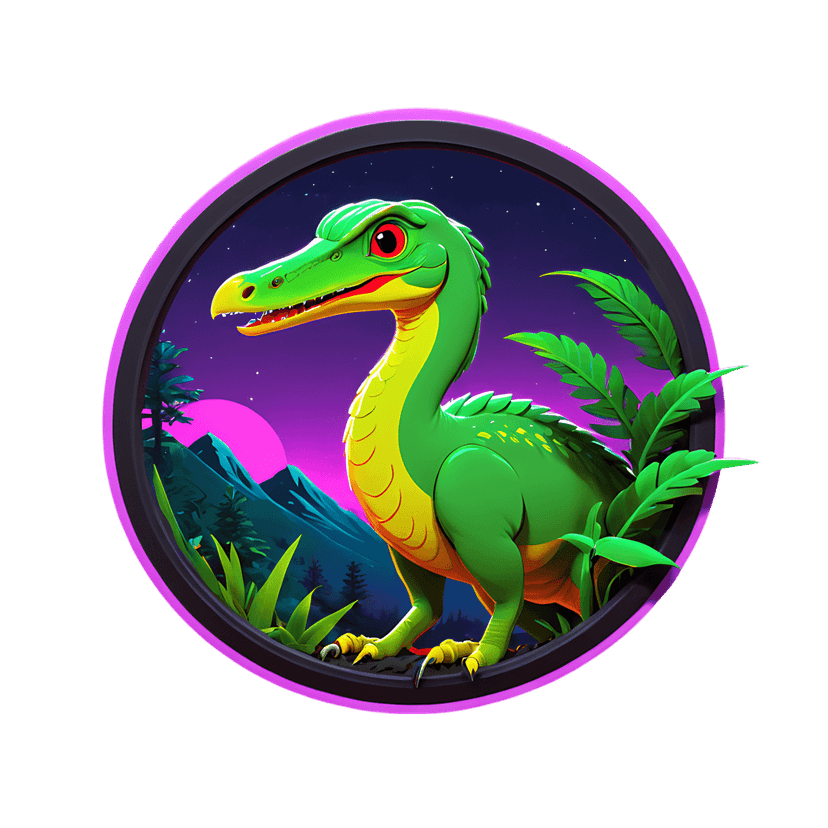 Green dinosaur glossy sticker profile featuring red eyes and neon sunset backdrop inside a glowing pink circle.