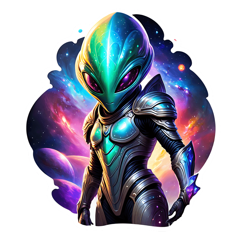 Alien warrior sticker with iridescent teal skin and silver armor against a purple nebula with glowing stars.