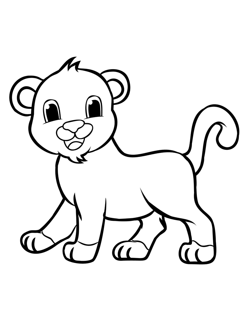 Lion cub coloring page line art featuring a smiling young animal standing in profile with large eyes and a tail.
