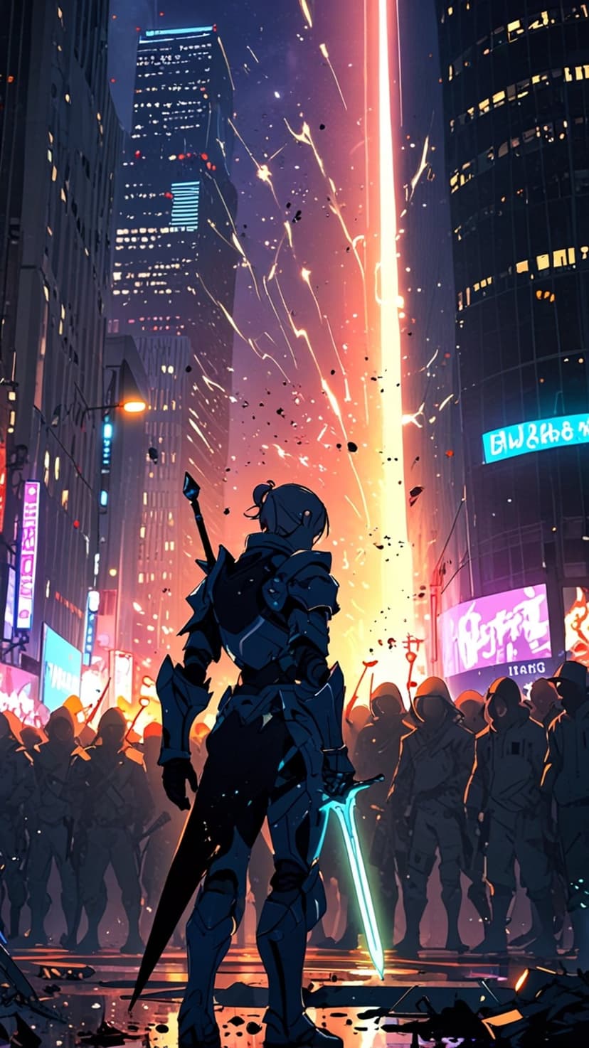 Armored warrior holding a glowing blue sword stands in a futuristic city filled with neon lights and urban debris.