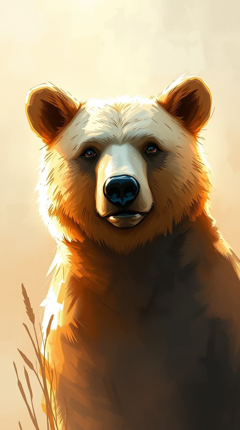 Brown bear portrait with golden sunlight on its shaggy fur and a focused gaze against a soft grass foreground.