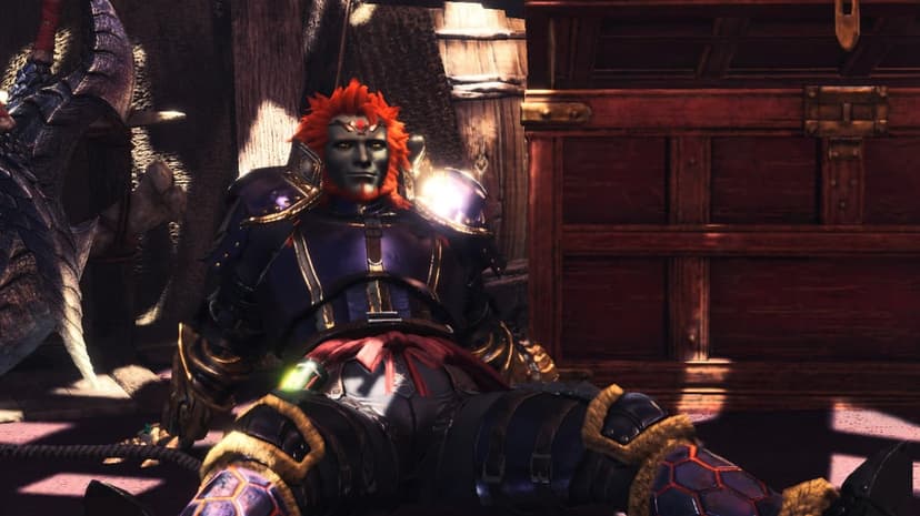 Ganondorf-style character with orange hair and purple gold armor sits against a wooden chest and weapon.