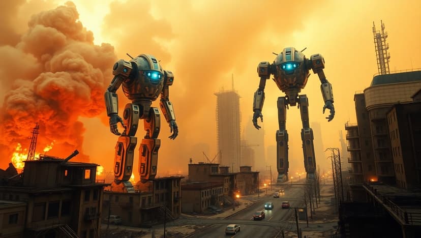 Two massive robots with glowing blue eyes stand amidst crumbling buildings under a smoky orange sky with embers.