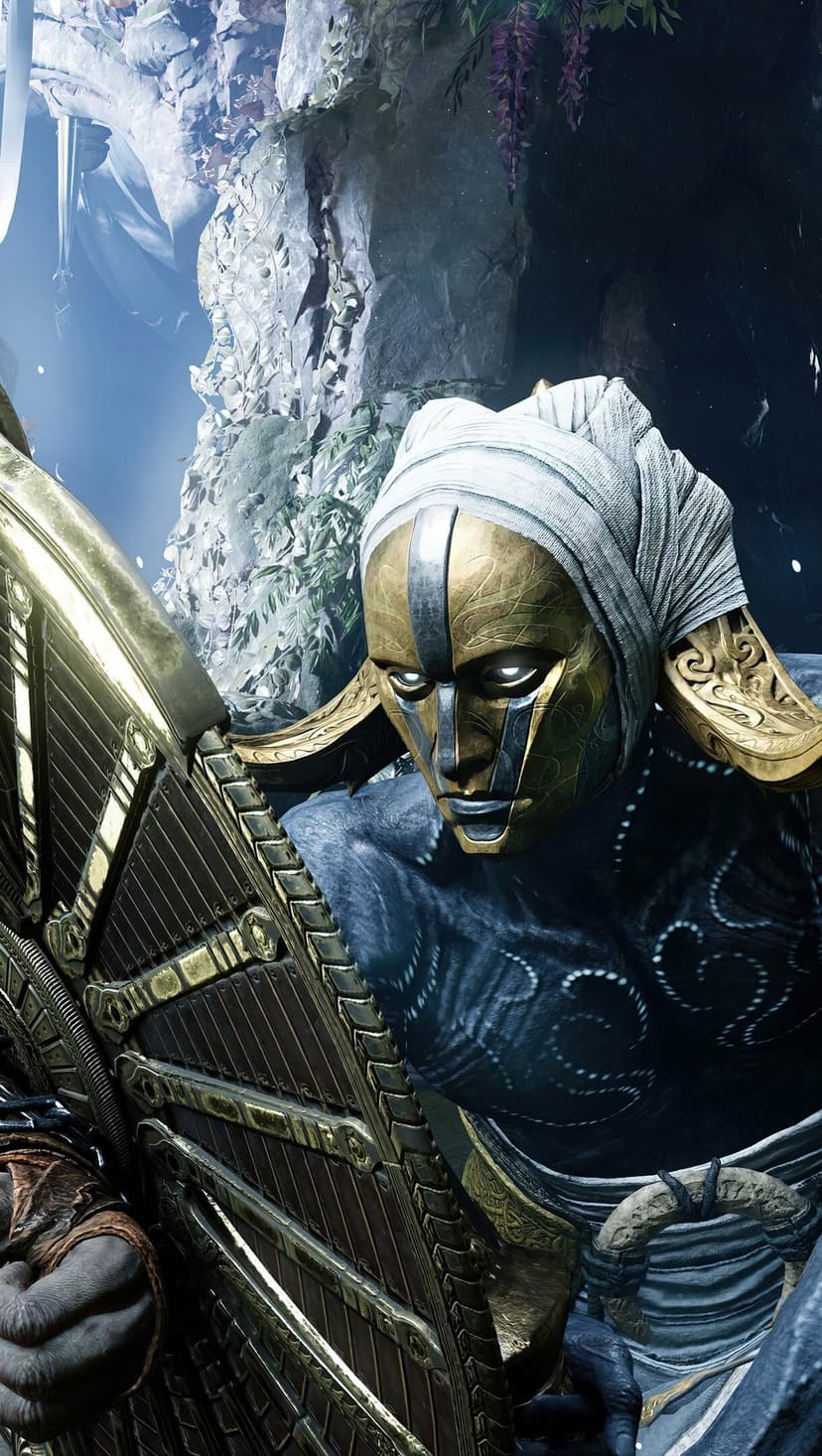Masked warrior with glowing eyes holding a large golden shield against a rocky cavern background.