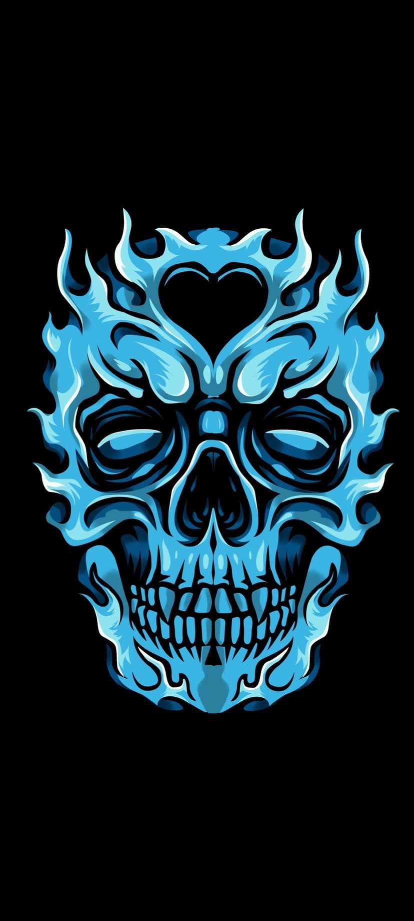 Skeletal skull engulfed in electric blue flames against a solid black background with glowing light effects.