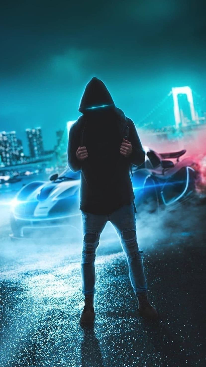 Hooded man with blue glowing facial markings stands near a neon-lit sports car on a dark futuristic bridge.