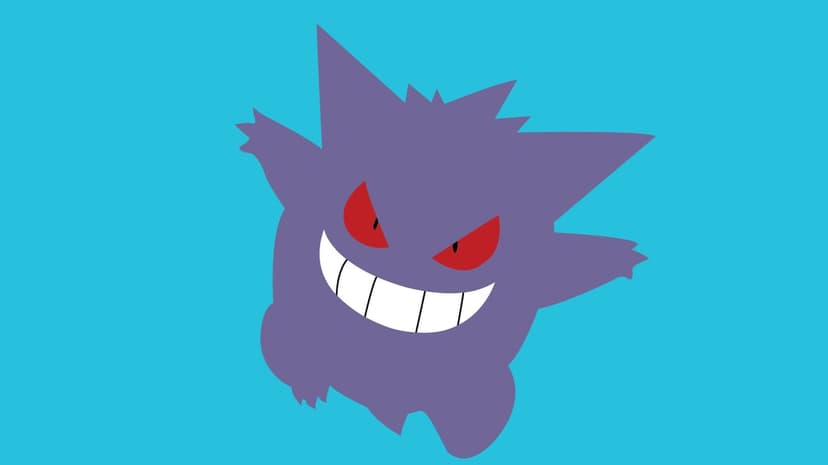 Gengar Pokemon in a purple minimalist vector style with a wide white grin and red eyes on a cyan background.