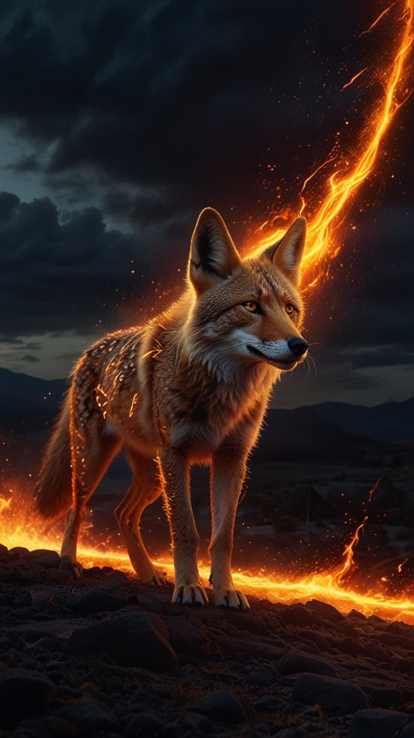 Coyote stands on a rocky ledge amid rising orange flames and sparks under a dark, stormy sky with lightning.