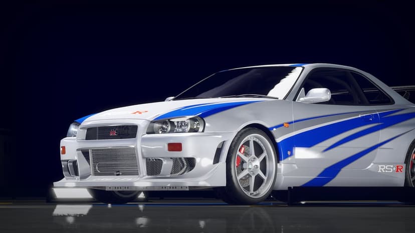 Silver Nissan Skyline GT-R R34 with blue stripes and white rims parked in a dark studio with reflections.