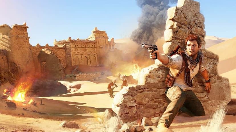 Nathan Drake aims a pistol behind a stone wall near a desert fortress explosion under a clear blue sky.