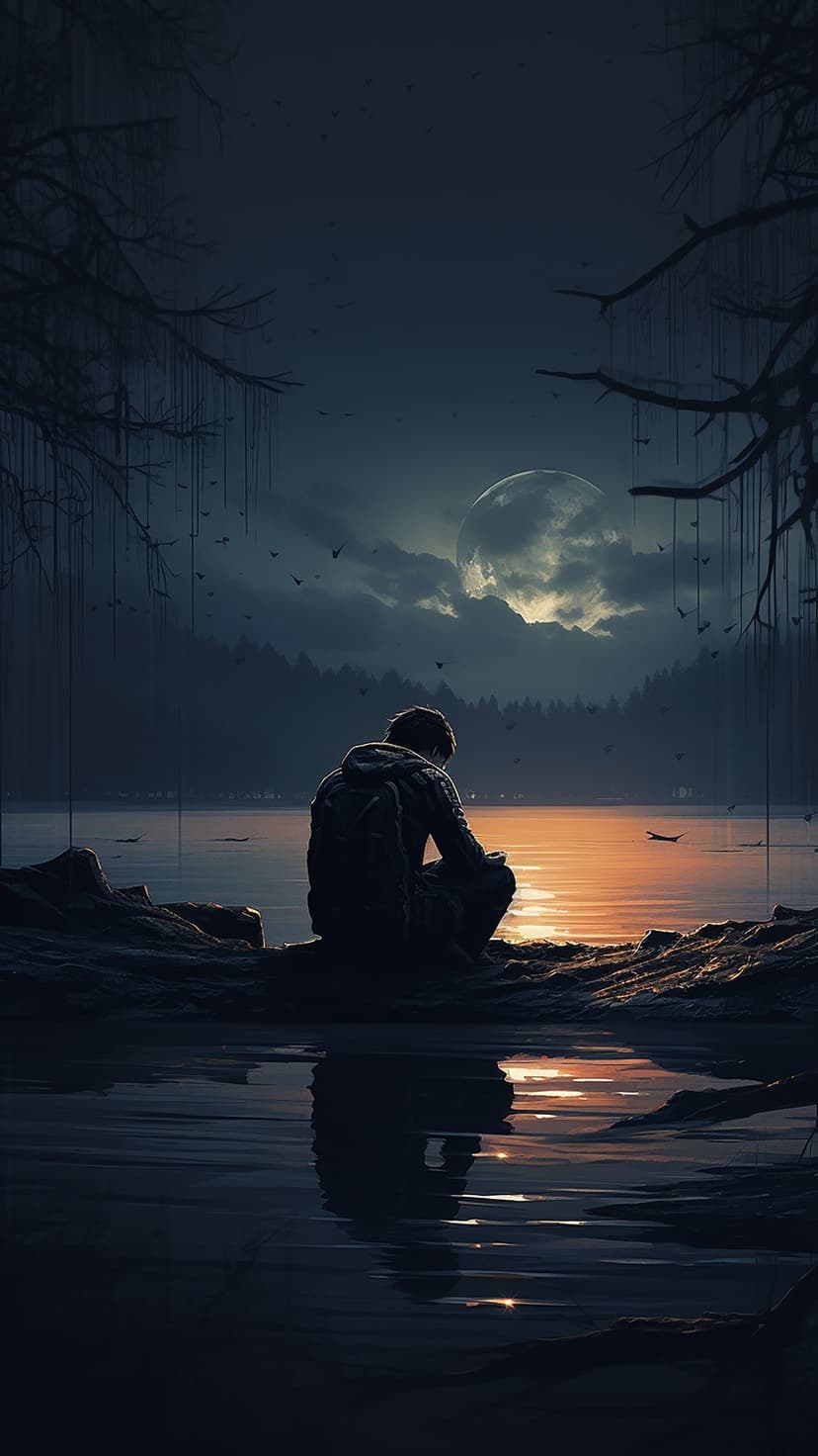 Solitary person sits on a rocky lake shore beneath a full moon and orange sunset glow with tree silhouettes.