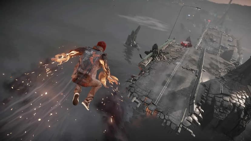 A character with glowing smoke powers flies over a shattered bridge toward a red car in a misty grey environment.