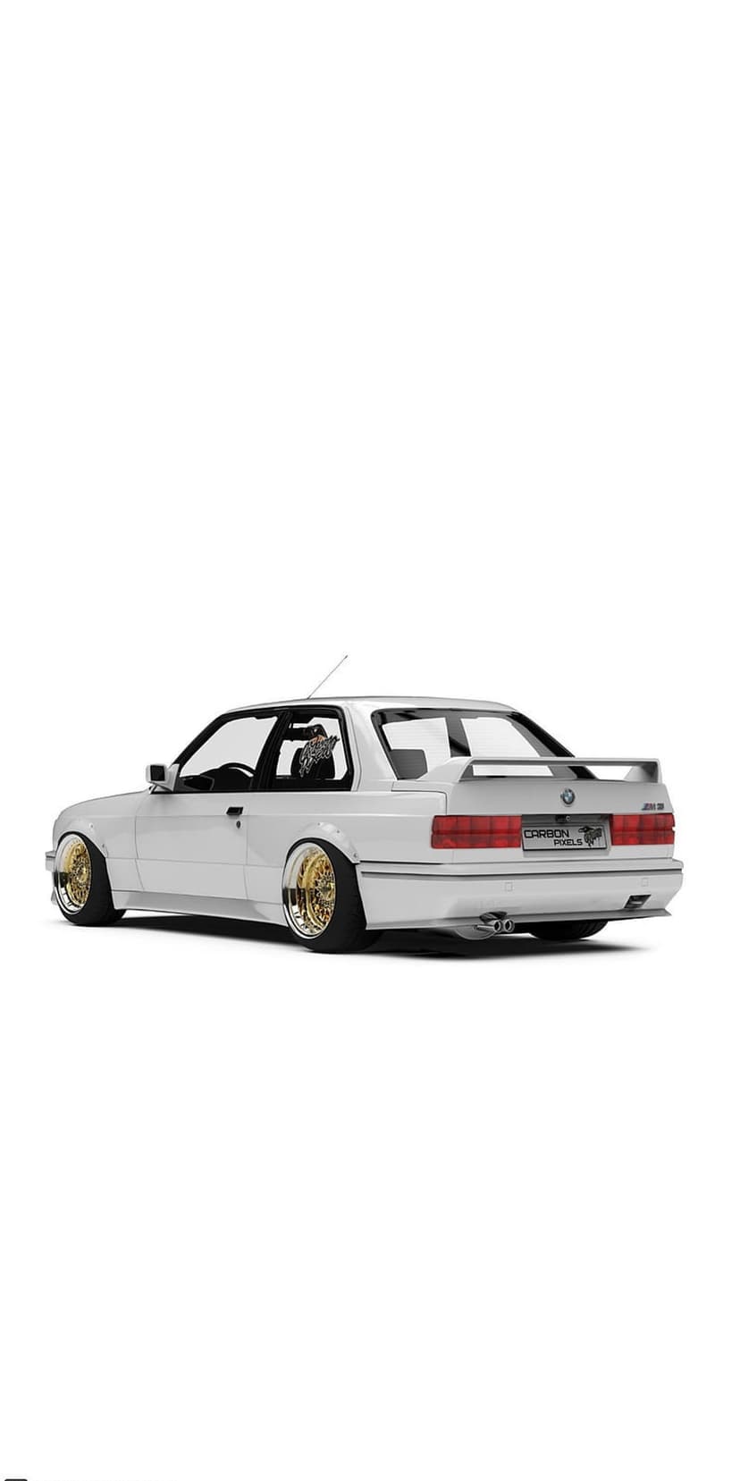 White BMW E30 M3 with gold BBS wheels and a rear spoiler parked on a clean surface under soft lighting.