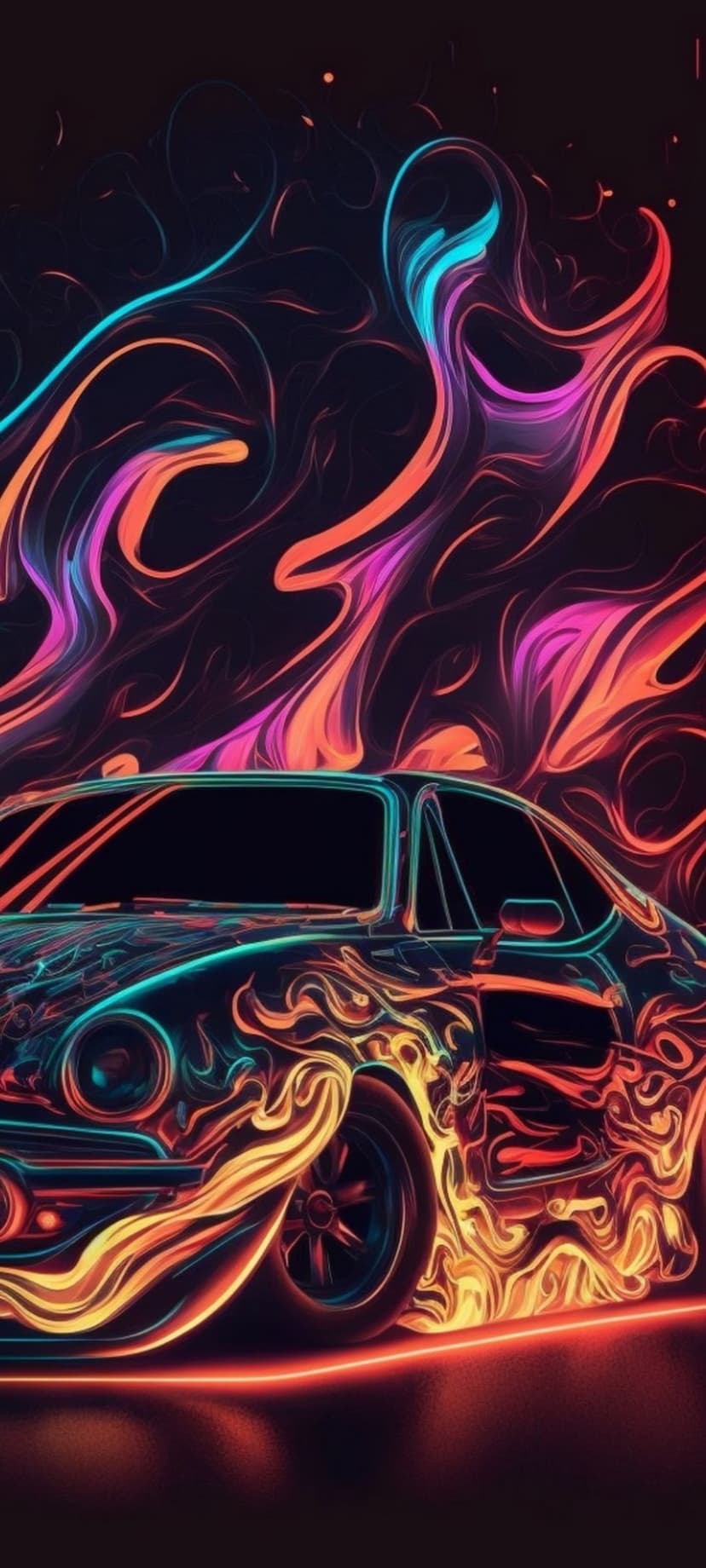 Porsche sports car silhouette outlined in neon blue and pink light with orange flames on a black background.