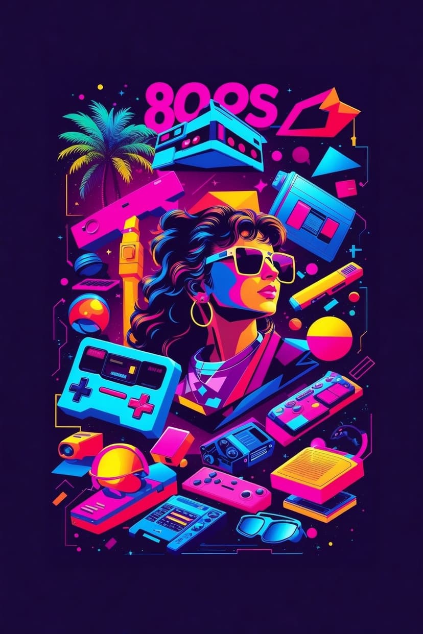 Woman with big hair and sunglasses poses amid neon 80s gaming consoles, cassette tapes, and a glowing palm tree.