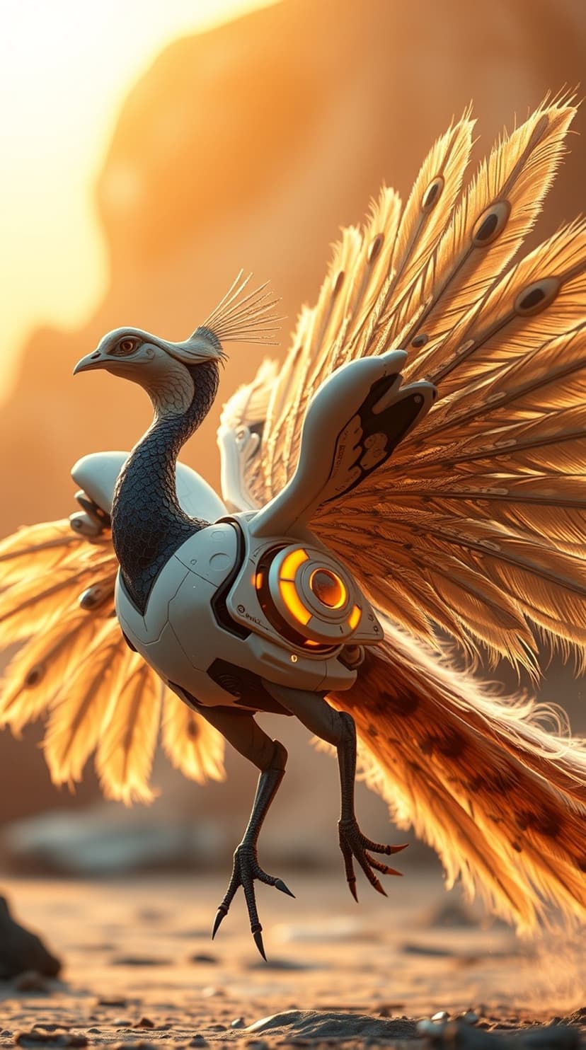 Robotic peacock with iridescent fanned feathers and a glowing circular chest panel standing in golden sunlight.