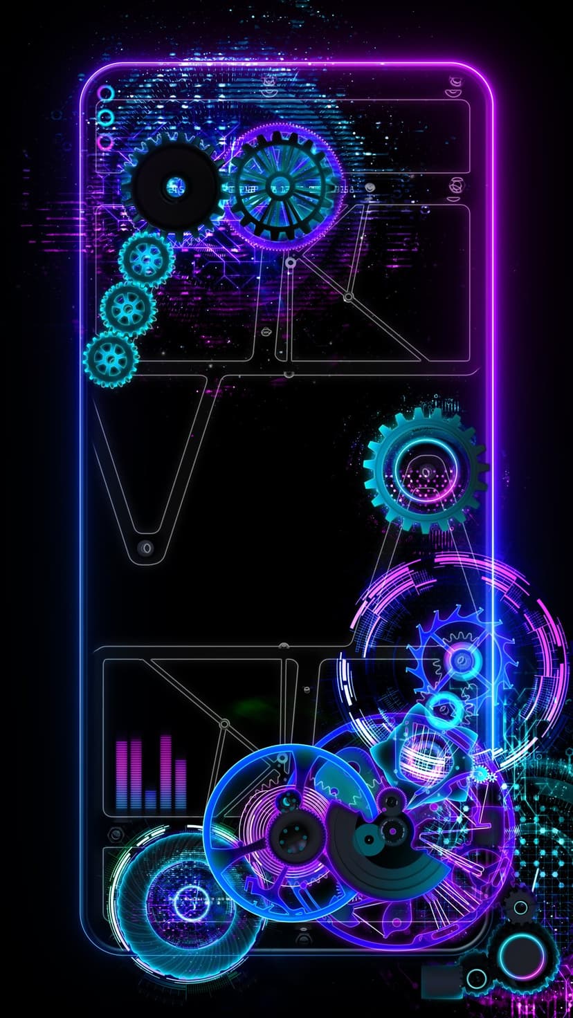 Intricate neon purple gears and cyan circuit lines float within a dark, multi-layered futuristic interface.