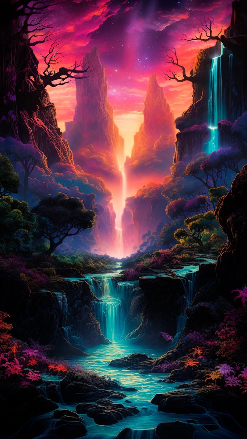 Luminous turquoise waterfall between steep orange cliffs under a purple sunset with exotic pink desert flowers.
