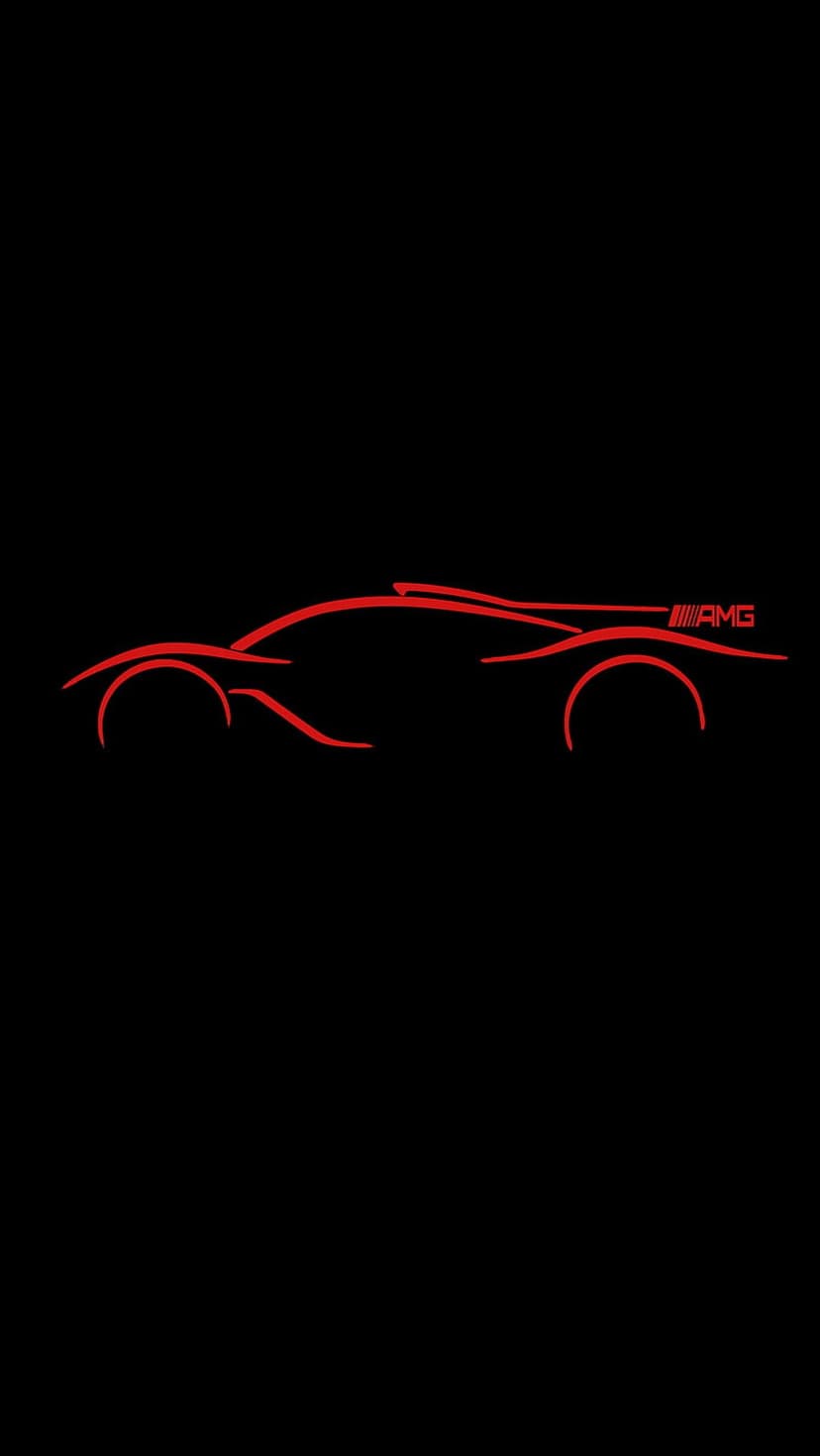 Red glowing outline of an AMG sports car silhouette with visible rear branding on a solid black background.