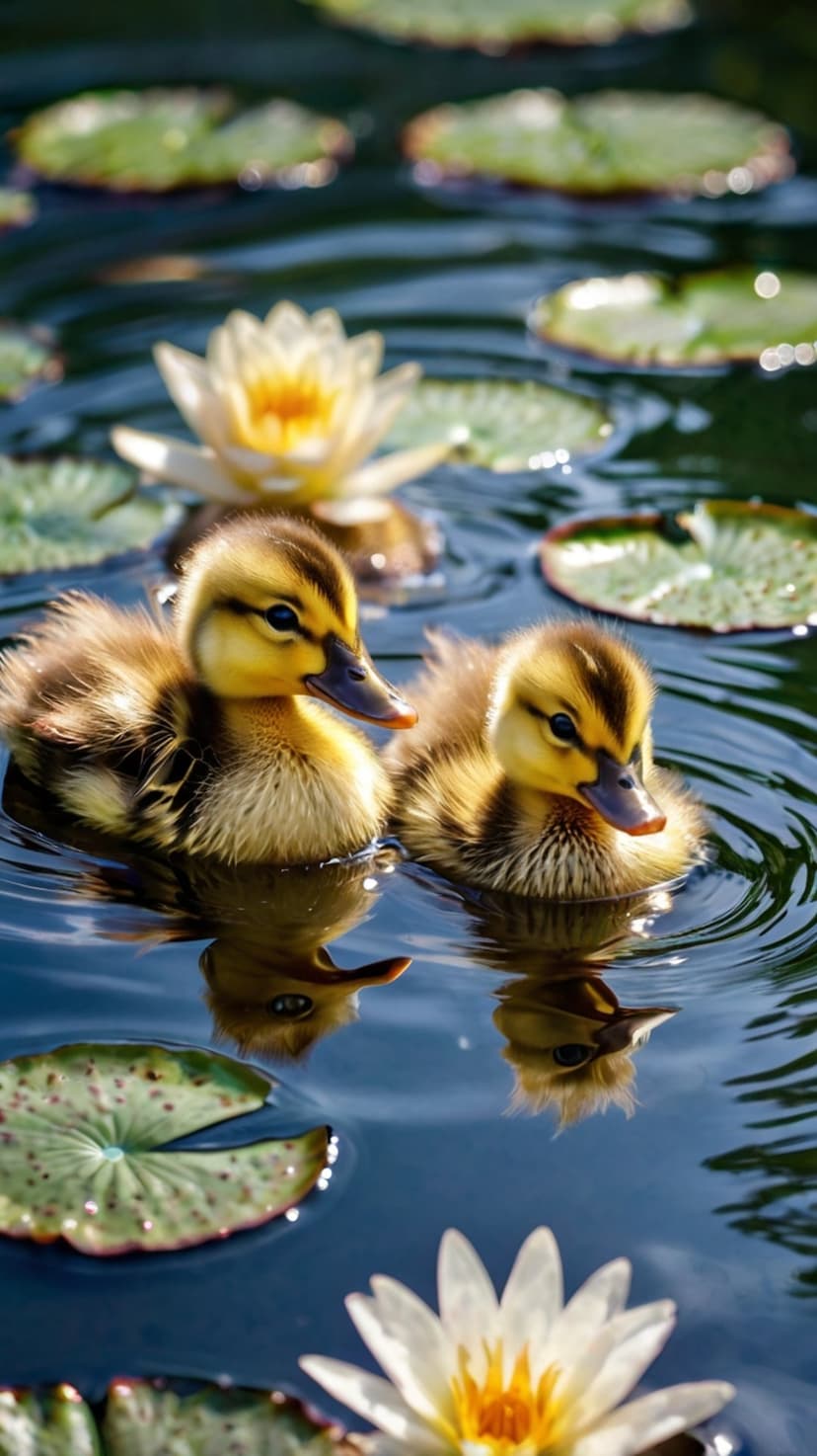 Two fuzzy yellow and brown ducklings swim beside white water lilies and green pads on a calm pond surface.