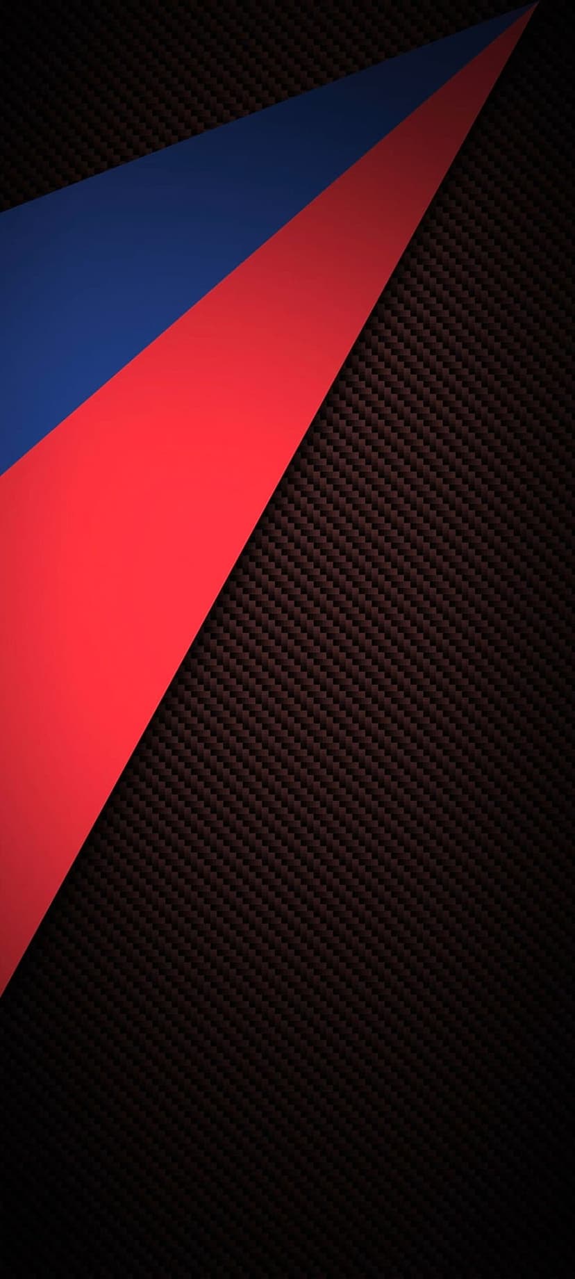 Red and blue diagonal stripes overlaying a black carbon fiber weave pattern with sharp geometric angles.