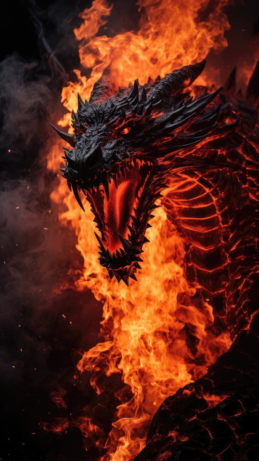 Black dragon roaring with glowing red eyes amidst swirling orange flames and thick clouds of grey smoke.