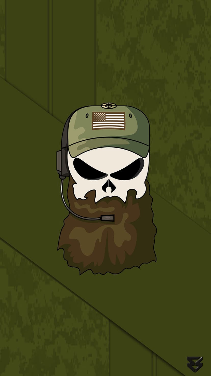 Bearded skull wearing a tactical cap and headset with a microphone against a green camouflage background.