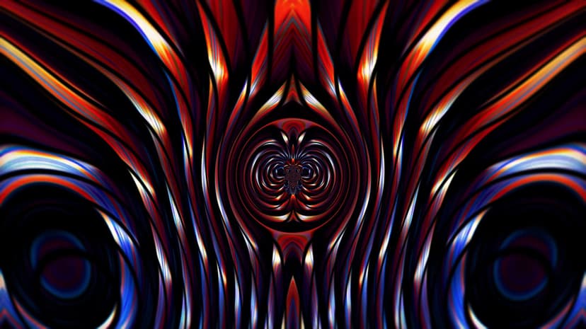 Symmetrical swirls of red, blue, and white fluid paint spiral inward against a black backdrop in a vortex shape.