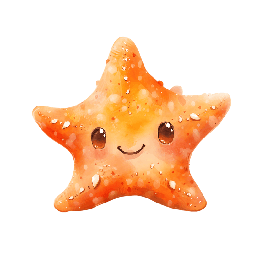 Smiling orange starfish with large brown eyes and white speckles isolated against a solid black background.